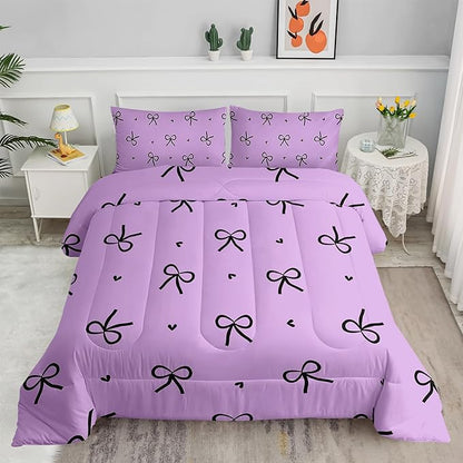 3 Pieces Purple Kawaii Bedding Set for Girls,Black Bowknot Comforter King Size,Cute Bow Tie Knot and Love Bedding for Women Girls Kids,Romantic Princess Quilt Set 1 Comforter 2 Pillowcases