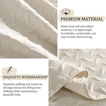 Yiran Beige Quilt Set King Size Lightweight Bedspread Ultrasonic Wave Pattern Soft Microfiber Coverlet for All Season Modern Style 3 Piece Bed Cover Sets with 2 Pillow Shams (106"x96")