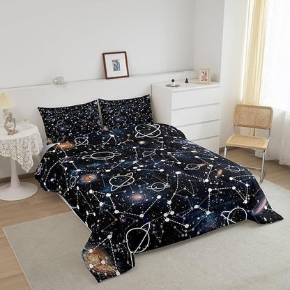 Erosebridal Starry Sky Comforter Set King Size Constellation Bedding Set Galaxy Sun Moon Down Comforter Purple Universe Print Bedroom Decor Quilt Set for Kid Men Women