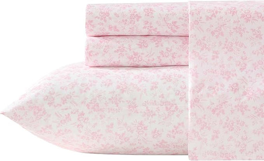 Laura Ashley - King Sheet Set, Crisp & Cool Cotton Percale Bedding with Deep Pockets, Lightweight for Year Round Comfort, Bed Sheets with Matching Pillowcases (Floral Toile Pink)
