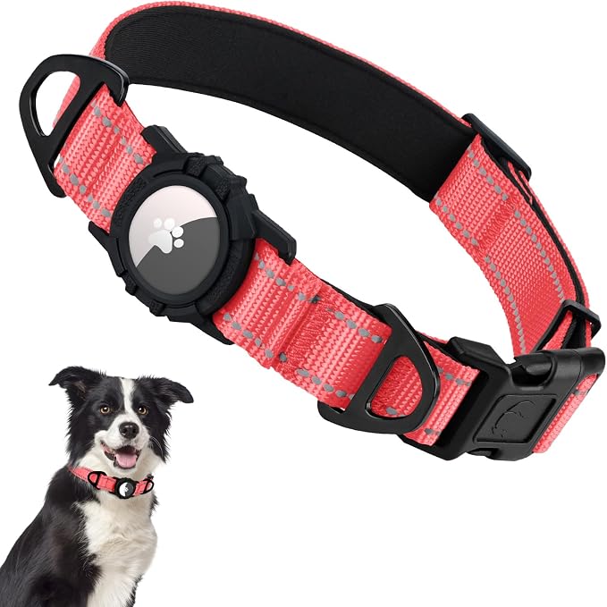 Taglory AirTag Dog Collar with Waterproof Holder for Medium Dogs, Baby Pink | Reflective for Night Walks & Low-Light Safety, Track Your Pup Peace of Mind, Adjustable Soft Padded, No More Dangling Tags M