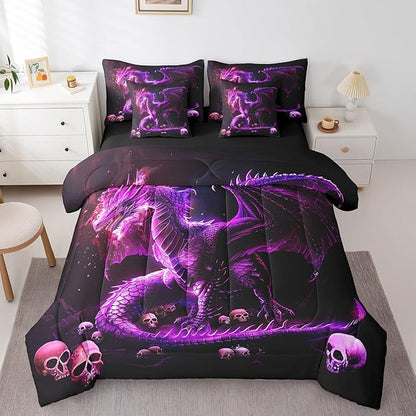 Castle Fairy 3D Dragon Comforter Set,Gothic Halloween Skull Bedding Set for Kids Boys Girls Room Decor,Western Dragon Animal (Comforter+Fitted+Flat Sheet+2 Pillowcases+2 Throw Pillow Covers