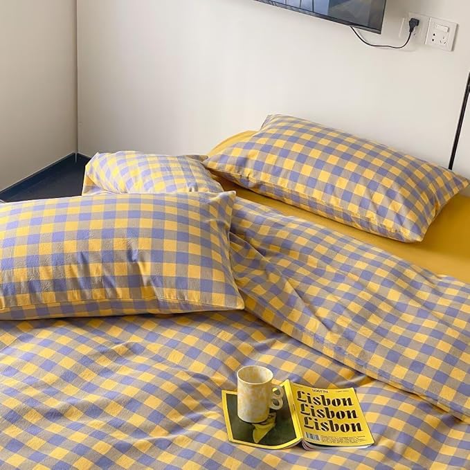 MKXI Purple & Yellow Plaid Duvet Cover Set - 3 Piece Washed Cotton Reversible Bedding King Soft Vintage Checkered Design with Zipper Closure & Corner Ties