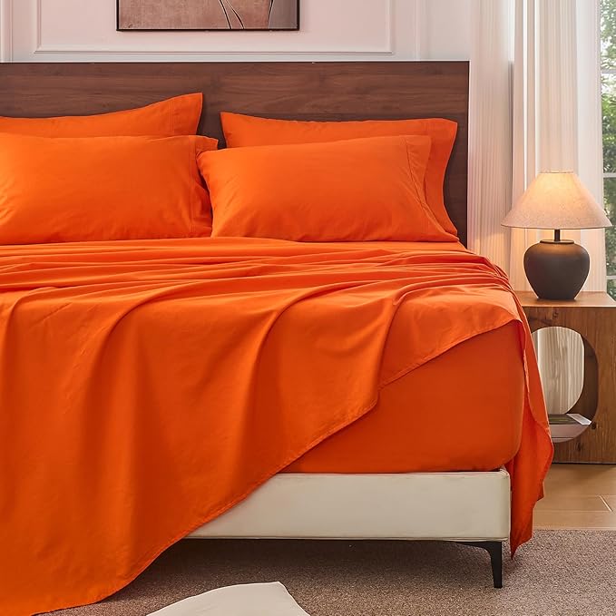Bedlifes 100% French Linen Sheets King Size 18-24" Extra Deep Pocket 4-Piece Set Breathable & Moisture-Wicking,Soft & Durable Sheets for Thick Mattresses(Orange)