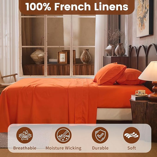 100% Linen Sheets Queen Size,Breathable & Durable 4-Piece Bed Flax Sheet Set,Soft All-Season Bedding for Hot Sleepers 16" Deep Pocket Oeko-TEX Certified,（Queen, Orange）