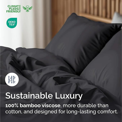 100% Rayon Derived From Bamboo - Bamboo Sheets Queen Size - Cooling Sheets for Queen - Ultra Soft, Breathable & Hotel Luxury Bedding - 1 Flat & 1 Fitted & 2 Pillowcases w/ 16 Inch Deep Pockets - Black