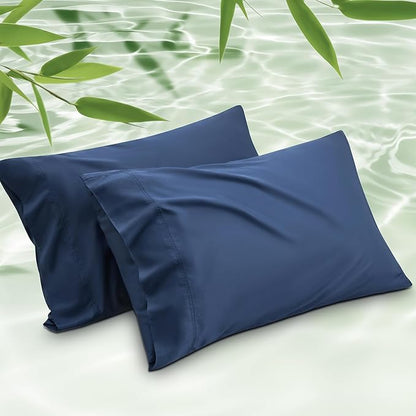 Bedsure Pillow Cases Standard Size, Cooling Pillow Cases, Rayon Derived from Bamboo Navy Blue Pillowcases Standard Set of 2, PureWoven Silky Soft Pillow Cover with Envelope Closure, 20x26 Inches