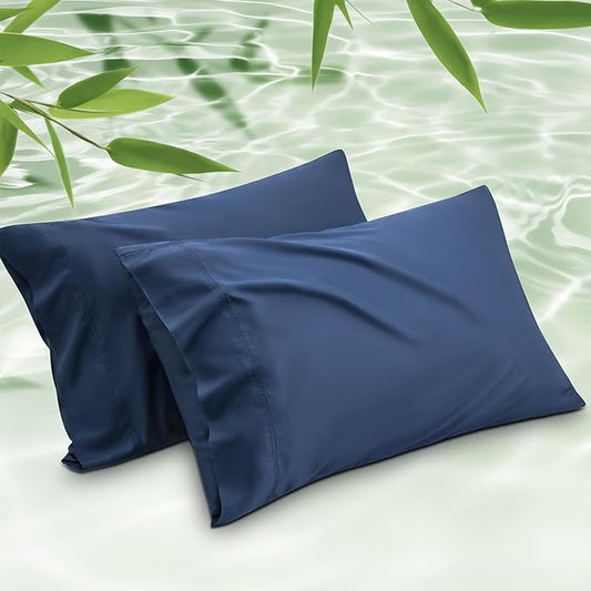 Bedsure Pillow Cases Standard Size, Cooling Pillow Cases, Rayon Derived from Bamboo Navy Blue Pillowcases Standard Set of 2, PureWoven Silky Soft Pillow Cover with Envelope Closure, 20x26 Inches