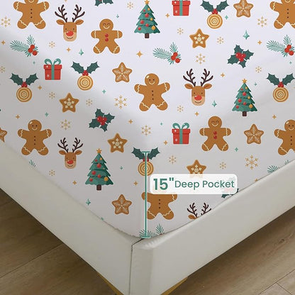 Softan Christmas Holiday Twin Size Sheet Set,3-Piece Printed Microfiber Fitted Bed Sheet with 15" Deep Pocket & Non-Slip Straps, Snowflake Reindeer Patterned Sheets & Pillowcase Set