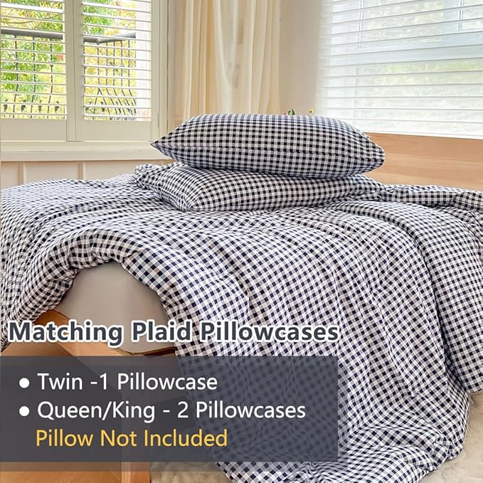 NSNLGSGC King Size Comforter Set, Navy Gingham Bedding Comforter Sets, Blue Grid Bed Comforter 3 Pieces (1 Comforter, 2 Pillowcases)