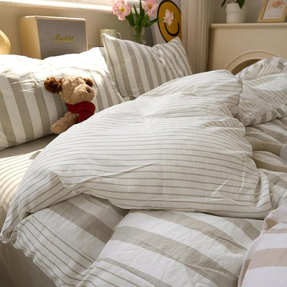 Brown Striped King Size Duvet Cover Boho Pattern King Comforter Cover Lightweight Stripe Dorm Room Farmhouse Duvet Cover Set with Pillowcases Teen Boy Bedding Washed Microfiber Duvet Protector