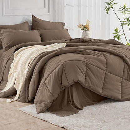 JOLLYVOGUE Twin Comforter Set, Ultra-Soft Bed in a Bag Twin Size 5 Pieces, Oeko-TEX Certified Bedding Set with Down Alternative Comforter, Sheets, Pillowcases & Shams, Brown