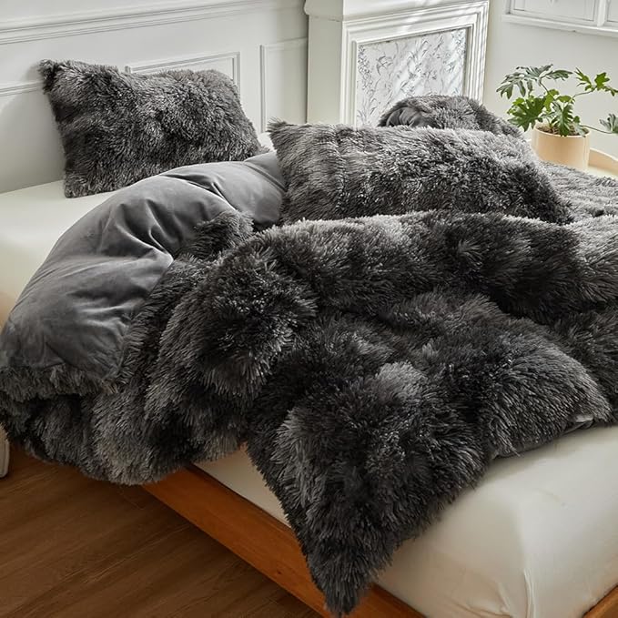 Wajade Faux Fur Plush Tie Dye Dark Grey White Comforter Set Fluffy Fuzzy Shaggy Bedding Set - 3PC Full Size Microfiber Soft Warm Quilt Set