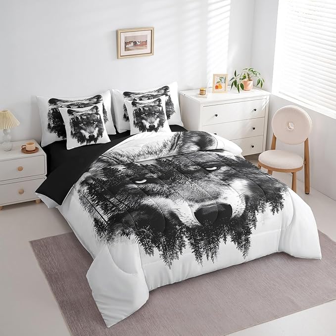 Feelyou Wolf Comforter Set 7 Pieces Full Size Fishing and Hunting Bedding Set for Boys Girls Wildlife Bed in a Bag with Comforter, Sheets, Pillowcases & Cushion Covers