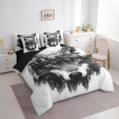 Feelyou Wolf Comforter Set 7 Pieces Full Size Fishing and Hunting Bedding Set for Boys Girls Wildlife Bed in a Bag with Comforter, Sheets, Pillowcases & Cushion Covers
