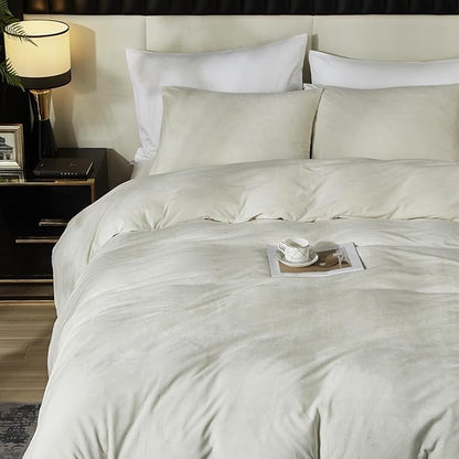 Ivellow Velvet Duvet Cover King Set Beige Velvet Duvet Cover King Comforter Cover 3Pcs Ultra Soft Duvet Cover Breathable Solid Luxury Flannel Velour Duvet Cover Zipper Closure Corner Tie