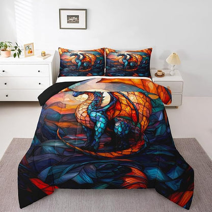Feelyou Dragon Comforter Set Toddler Size Dragon Stuff Comforter for Boys Girls Teens Wild Life Bedding Set Dragon Decor Duvet Set Room Decor Orange Blue Quilt Set