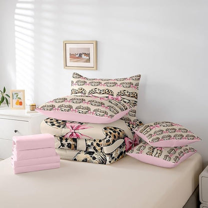 jejeloiu Leopard Kiss Lips Bedding Set 7Pcs Queen Size Kids Pink Bow Comforter Set with Sheets for Boys Girls Vintage Bed in a Bag Soft Lightweight,Microfiber