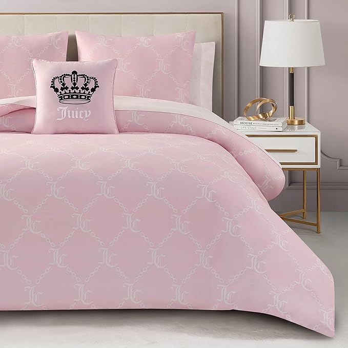 Juicy Couture Light Pink/White Link Logo Printed Comforter Set, Full – Complete 8-Piece Bed in a Bag Collection
