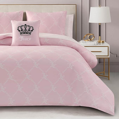 Juicy Couture Light Pink/White Link Logo Printed Comforter Set, Full – Complete 8-Piece Bed in a Bag Collection