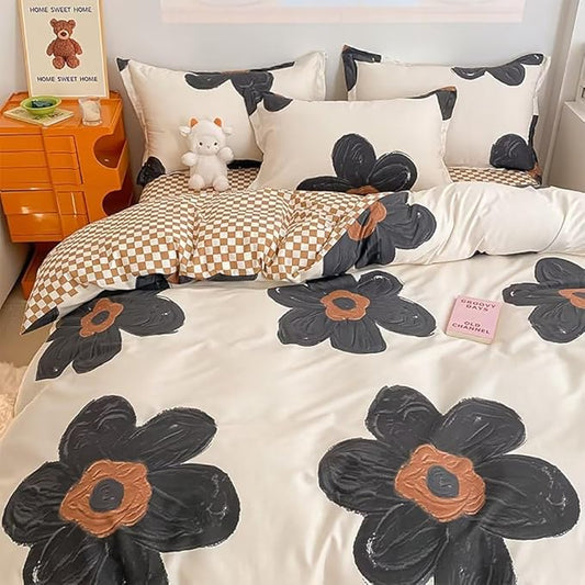 Houseri Black and White Floral Comforter Set Full for Teen Girls Kawaii 3D Sunflower Bedding Comforters Sets Full Size Black Botanical Comforter Cute Relief Print Beige Brown Plaid Bedding Sets Full