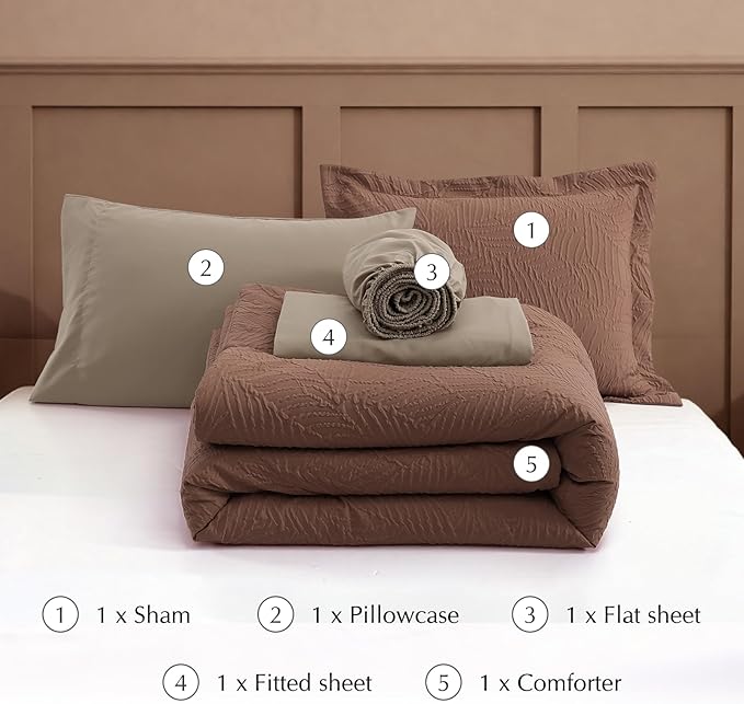 Geniospin Twin Comforter Set - 5 Pieces Brown Textured Bed in Bag, Twin Bedding Sets with Comforter, Sheets, Pillowcases & Shams, All Season Brown Bedding