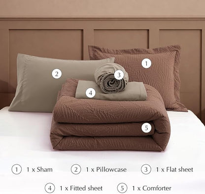 Geniospin Twin Comforter Set - 5 Pieces Brown Textured Bed in Bag, Twin Bedding Sets with Comforter, Sheets, Pillowcases & Shams, All Season Brown Bedding