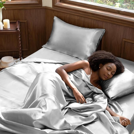 CozyLux Satin Sheets Twin Sheet Set - 3 Piece Silky Twin Bed Sheets, Luxury Light Grey Sheet Twin Size Bed Set with Smooth and Soft Microfiber, Includes 1 Fitted Sheet, 1 Flat Sheet and 1 Pillowcase