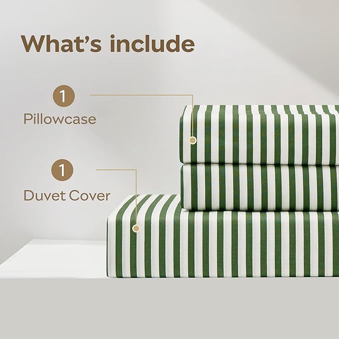 JELLYMONI 100% Natural Cotton Striped Duvet Cover Sets,White Duvet Cover with Green Stripes Pattern Printed Comforter Cover,with Zipper Closure & Corner Ties(Twin 66×92 Inch)