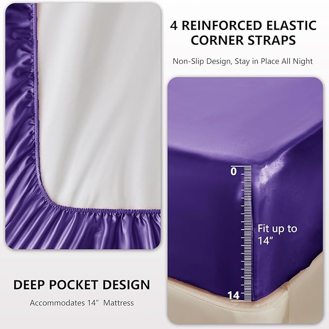 CozyLux Satin Sheets Full Size Sheets - 4 Piece Silky Full Size Bed Sheets, Luxury Purple Full Bed Set with Smooth and Soft Microfiber, Includes 1 Fitted Sheet, 1 Flat Sheet and 2 Pillowcases