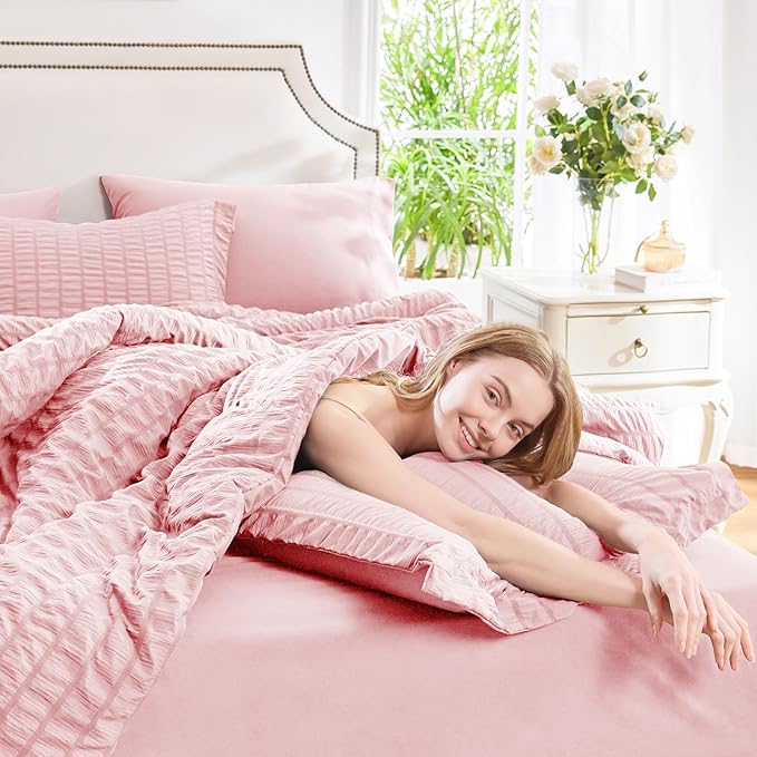 CozyLux Queen Comforter Set Pink Seersucker 7 Pieces Bed in a Bag Queen Comforter Set with Sheets, Luxury Soft Bedding Set with Down Alternative Comforter, Sheets, Pillowcases & Shams for All Seasons