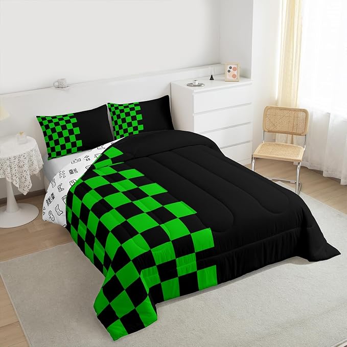 Geometric Plaid Kids Comforter Set Twin Size,Patchwork Grid Video Games Bedding Set Boys Room Decor,Simple Lattice Abstract Quilt Comforter,Black & Green Duvet Set Bedroom Quilt Set,1 Pillowcase