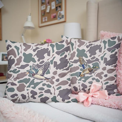 Vintage Camo Mallard Duck Throw Pillow Covers 18x18 Set of 2, Duck Hunting Pillowcase, Camouflage Farm Animal Decorative Pillow Covers