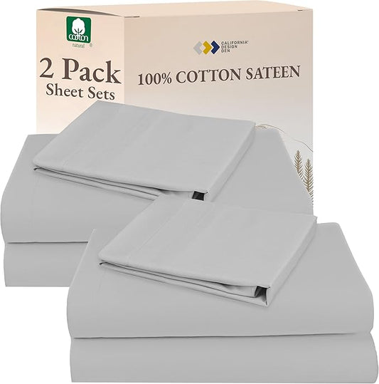 California Design Den 100% Cotton 2-Pack Twin Size Bed Sheets, Soft & Durable Twin Sheet Set Cotton with 12" Pockets, Twin Sheet Set with Sateen Sheets (Light Grey)