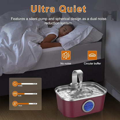 Bobo&Dragon Stainless Steel Cat Water Fountain, 124oz/3.5L Automatic Dog Water Dispenser - Ultra Quiet Faucet Flow, Smart Window & Fresh Filtered Hydration, Dishwasher Safe for Multi-Pet Cosmic Berry