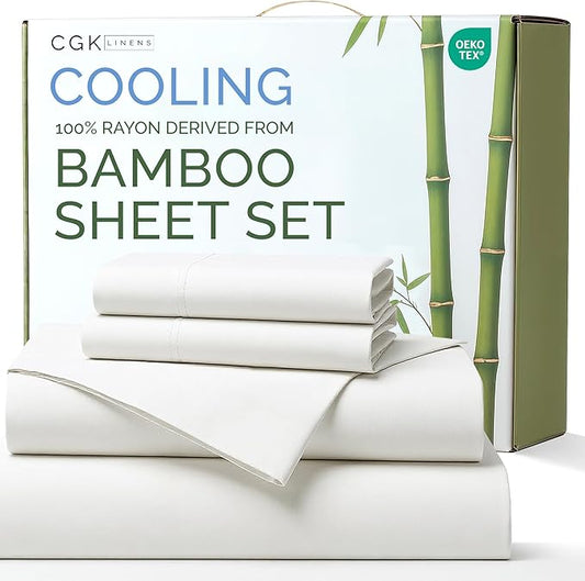100% Rayon Derived From Bamboo - Bamboo Sheets Cal King Size - Cooling Sheets for Cal King - Soft, Breathable & Hotel Luxury Bedding - 1 Flat & 1 Fitted & 2 Pillowcases w/ 16 Inch Deep Pockets - White