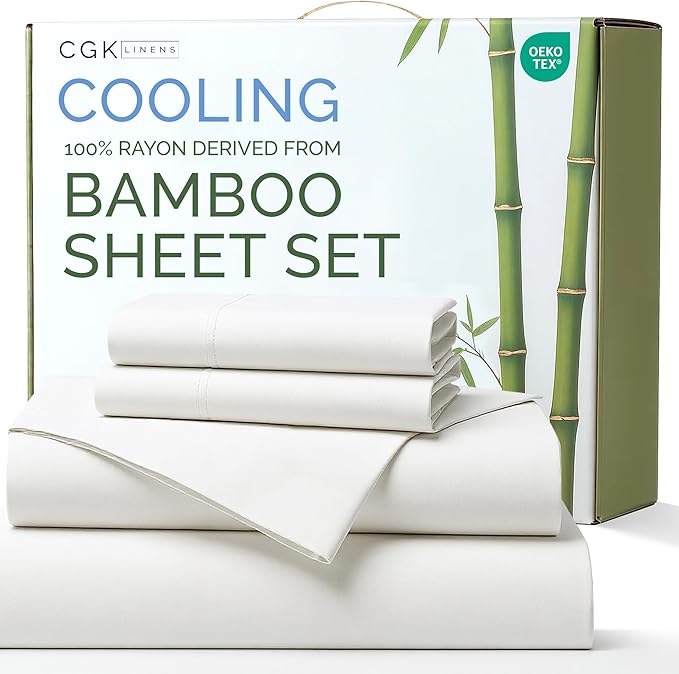 100% Rayon Derived From Bamboo - Bamboo Sheets Full Size - Cooling Sheets for Full - Ultra Soft, Breathable & Hotel Luxury Bedding - 1 Flat & 1 Fitted & 2 Pillowcases w/ 16 Inch Deep Pockets - White