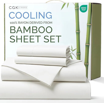 100% Rayon Derived From Bamboo - Bamboo Sheets Full Size - Cooling Sheets for Full - Ultra Soft, Breathable & Hotel Luxury Bedding - 1 Flat & 1 Fitted & 2 Pillowcases w/ 16 Inch Deep Pockets - White