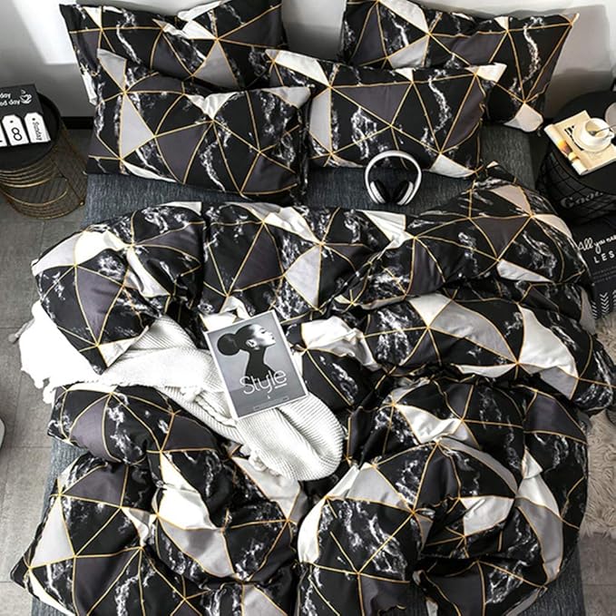 CLOTHKNOW Black White Marble Comforter Set Full Size 3Pcs Triangle Bedding Sets Geometric Comforter with 2 x Pillow Cases