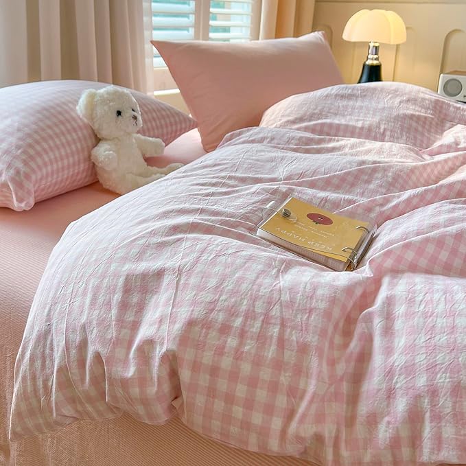 Pink Gingham Twin XL Comforter Fluffy Washed Cotton Bedding Set for Girls Boho Plaid Cute Bedding Comforter Sets Soft Down Alternative Breathable Puffy Bed Comforter with 2 Pillowcases