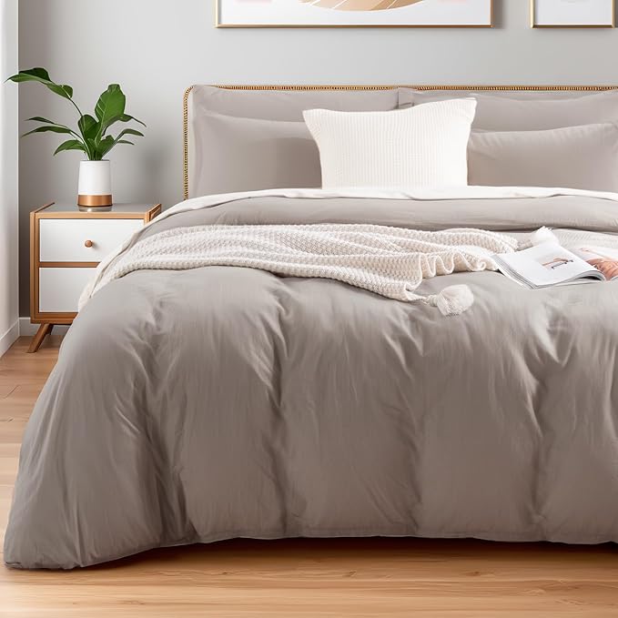 NEXHOME PRO Duvet Cover Set 100% Washed Cotton Oversized King 120"x98" Linen Feel Textured Organic Natural 3 Pieces Bedding Set with Zipper Closure, Breathable (Linen Grey, No Comforter)