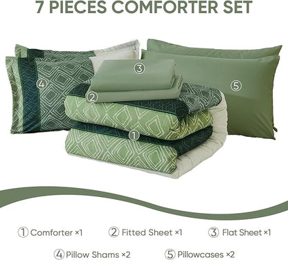Dinjoy Queen Comforter Set Green, 7 Piece Boho Bed in a Bag Queen Size Striped Fall Bedding Sets Comforters with Plaid Bed Set with Sheets for Women Family
