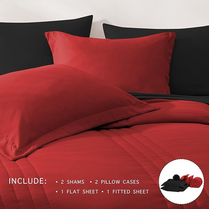 Monbix King Size Comforter Set - 7 Pieces Bed in a Bag King, Bright Red Bedding Sets with Comforter, All Seasons Comforter Bed Set with Sheets, Pillowcases & Shams
