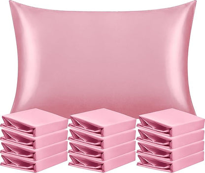 NTBAY 12 Pack Satin Standard Pillowcases for Hair and Skin, Luxurious and Silky Pillow Cases with Envelope Closure, 20 x 26 Inches, Pink