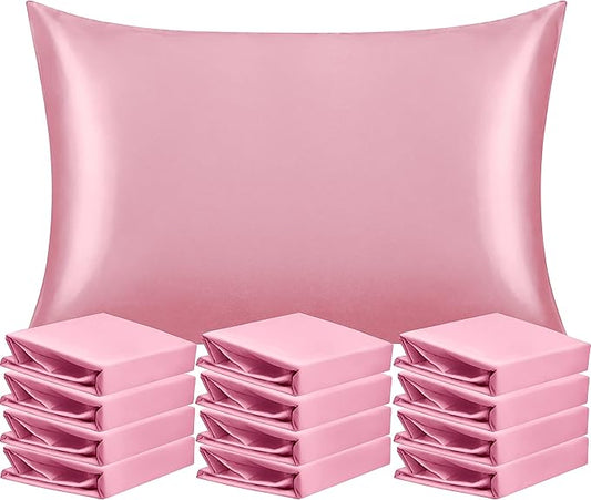 NTBAY 12 Pack Satin Standard Pillowcases for Hair and Skin, Luxurious and Silky Pillow Cases with Envelope Closure, 20 x 26 Inches, Pink