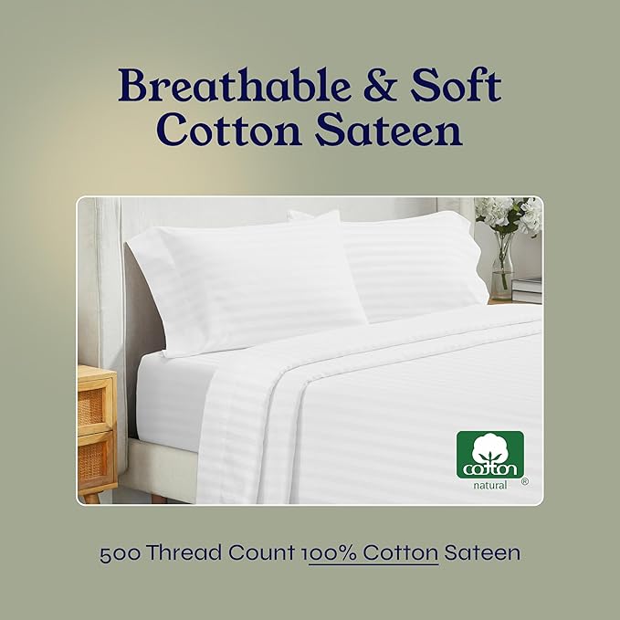 California Design Den 500 Thread Count 100% Cotton Bed Sheets King Size Set with Deep Pockets, Soft & Breathable Sateen, Luxury Striped White Sheets