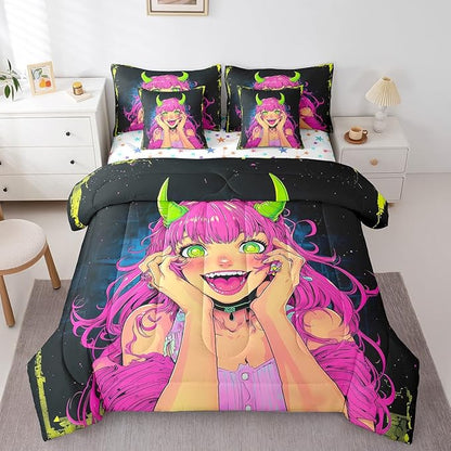 Erosebridal Anime Girl Bedding Set King Size 7 Piece Bed in A Bag, Japanese Anime Comforter Set for Kids Boys Teens Bedroom Decor, Cartoon Girl Sheet Set Kawaii Japanese Animation Bed Set