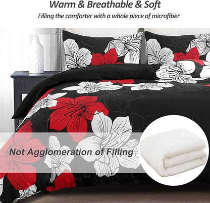Menghomeus Black Red Comforter Set California King Colorful Floral Comforter Modern Cal King Bedding Sets with 2 Pillowcases Lightweight Boho Bed Set for All Season
