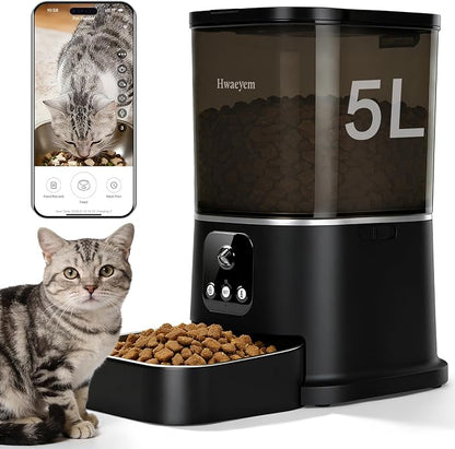 Automatic Cat Feeder with Camera, 5L/28 Cups WiFi Cat Auto Feeder with Two-Way Audio, App Control, Strong Anti-Jam System Smart Timed Cat Feeder with Night Vision for Small Pets Indoor