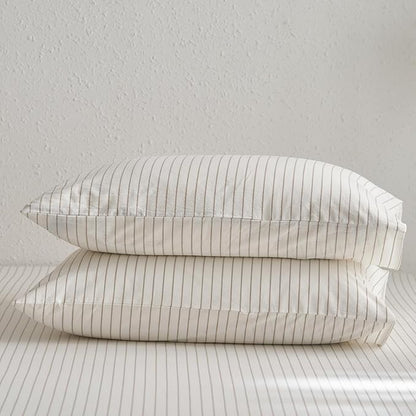 MooMee Bedding Pillowcases Striped Pack of 2 100% Washed Cotton Linen Like Textured Breathable Durable Soft Comfy (White Tannish Linen Grey Wide Stripes, Queen)